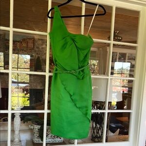 Oscar de la Renta Green Asymmetrical Silk Ruched Dress